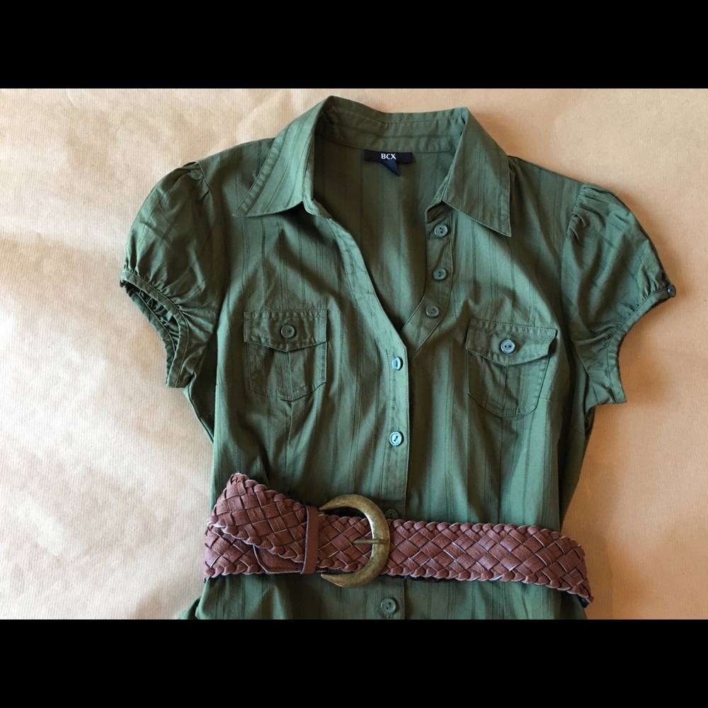 Green Short Sleeve Button Up Dress